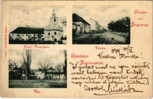 1899 (Vorläufer) Fogaras, Fagaras; Vár, katolikus templom, vártér. Kiadja Thürfeld Dávid / castle, Chatolic church, square (fl)