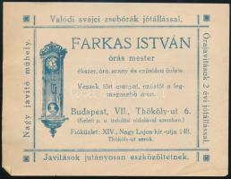 Farkas István órás mester Bp. VII. Thököly út 6. fejléces számla