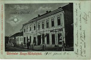 1900 Nagymihály, Michalovce; Főtér, Bucsinszky Lajos üzlete, Landesmann B. üzlete és saját kiadása. Herczik Béla felvétele / square, shops (fl)