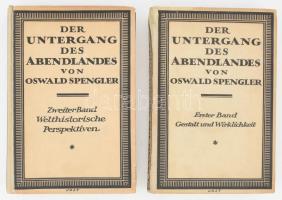 Spengler, Oswald: Der Untergang des Abendlandes. [A Nyugat alkonya. I-II. kötet.] Umrisse einer Morphologie der Weltgeschichte. Erster Band: Gestalt und Wirklichkeit. Zweiter Band: Welthistorische Perspektiven. München, 1920-1922., Oskar Beck,VIII+ 615+9 p.; VII+635+12 p. Sechste, Unveränderte Auflage. Német nyelven. Kiadói félvászon-kötés, kissé foltos, kissé kopott borítóval, az I. kötet sérült gerinccel.   Oswald Spengler (1880-1936) német idealista filozófus fő műve. Szemléletváltoztató munkájának első kötete 1918 tavaszán jelent meg, néhány hónappal a Német Császárság katonai és politikai összeomlása előtt, második kötete pedig 1922-ben. ,,A Nyugat alkonya-ként ismert történetfilozófiai munka szakít a történeti elbeszélések uralkodó, liberális modelljével, mely szerint minden fejlődés csúcsa az európai kultúra, azon belül is a nyugati típusú kultúra: saját társadalmára a megmerevedett, gépszerűségbe fulladó civilizáció mintapéldányaként tekint, amelyben a technikai fejlődés már csak ideig-óráig képes feltartóztatni az elkerülhetetlen degenerálódást. Spengler művének egyik nagy újítása a kultúrkörök elméletének kidolgozása, véleménye szerint a kultúrkörök között nincs rangsorrend, és sorsukhoz elkerülhetetlenül hozzátartozik, hogy fejlődésük zenitjén túljutva kiüresednek. A kétkötetes munka rengeteg párhuzamot mutat be az antik civilizáció és a jelenkori nyugati civilizáció pályaíve között, és úgy értékeli, hogy a nyugati civilizáció éppolyan válságtüneteket mutat, mint minden korábbi elbukott civilizáció. A Nyugat alkonyának óriási hatása volt kora szellemi életére, Európa-szerte és Magyarországon is, Hamvas Béla, Szerb Antal és Németh László életműve elképzelhetetlen a spengleri mű hatása nélkül. A teljes magyar fordítás csupán 1994-ben látott napvilágot.