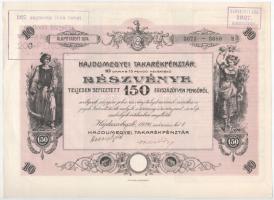 Hajdúszoboszló 1926. Hajdúmegyei Takarékpénztár részvénye 150P-ről szelvényekkel, felülbélyegzéssel, szárazpecséttel T:AU