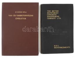 Dr. Enyedi Béla: Vas- és vasbetonvázas épületek. A vázas épületek szerkezetének rendszeres összefoglalása. Bp., 1930, Franklin-Társulat, XVI+205+(3) p. Egyetlen kiadás. Szövegközti képekkel, ábrákkal illusztrálva. Kiadói egészvászon-kötés, jó állapotban. + 1918 The British Reinforced Concrete Engineering Company Ltd. - B.R.C. Reinforcements. Brit vasbetonipari cég ismertető kiadványa, fekete-fehér képekkel illusztrálva, angol nyelven. Kiadói egészvászon-kötés, 172 p.