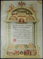 1977 Angol szabadkőműves oklevél kartonlapra felragasztva, Sir Lionel Jacobs névre kiállítva