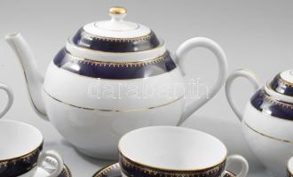 Zsolnay kék-arany teás készlet. Jelzett, hibátlan, teljes