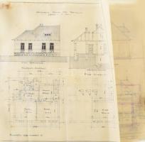 cca 1910 Kétszobás fa oromzatos családi ház tervrajza 16 db kézzel rajzolt látványos terv és látványterv kb 40x30 cm ig