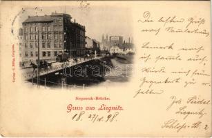 1898 (Vorläufer) Legnica, Liegnitz; Nepomuk-Brücke / bridge, tram, pharmacy (fl)
