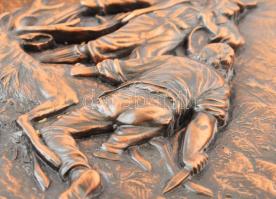 Szarvas vadászok, réz dombormű, fa keretben 18x27 cm