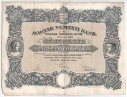 Budapest 1924. "Magyar Nemzeti Bank" magyar, angol, francia, német és olasz nyelvű részvénye 100 Arany Koronáról, szárazpecséttel és szelvényekkel T:F foltos