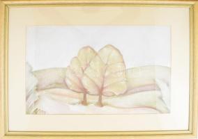 Gonda Margit (?-): Tájkép. Akvarell, papír, dekoratív keretben 31x49 cm