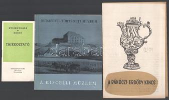 Vegyes könyvtétel, 3 db:  Nyíregyháza és Sóstó. Tájékoztató. Nyíregyháza, Idegenforgalmi Hivatal. Kiadói papírkötés.;  A Kiscelli Múzeum. Emlékek Budapest Múltjából IV. Bp., 1962, Budapesti Történeti Múzeum. Kiadói papírkötés.;  F. Vattai Erzsébet: A Rákóczi - Erdődy kincs. Kihajtható ismertető.;