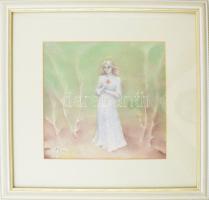 Gonda Margit (?-): Lány a tájban. Akvarell, papír, dekoratív keretben 25x25 cm