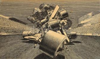 Jelzés nélkül: Bomlófélben (autóversenby). Tus. papír, jelzés nélkül, a hátoldalán K. Gusztáv névvel feliratozott. 50x85 cm