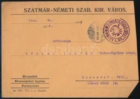 1918 Szatmárnémeti szab. kir. város borítékja az &quot;Önkéntes Tűzoltó Egylet&quot; pecsétjével