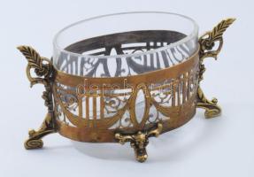 Szecessziós cukortartó, réz szerelékkel, eredeti üvegbetéttel, kopással, 18x9,5 cm