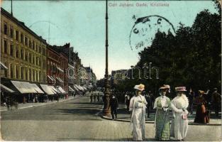 1908 Oslo, Christiania, Kristiania; Carl Johans Gade / street view, shops (wet corners)