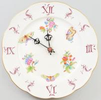 Herendi Viktória mintás porcelán falióra. Kézzel festett, jelzett, hibátlan. Mutatója hiányzik, d: 28,5 cm