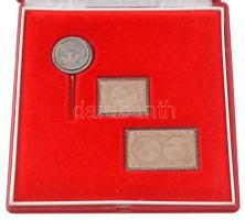 1980. "Szovjet-Magyar Közös Űrrepülés" jelzett Ag kitűző (8,00g/0.835/21,5mm) + "Szovjet-Magyar Közös Űrrepülés - V. Kubaszov - Farkas B. - L. Popov - V. Rjumin" jelzett Ag bélyegérem (3,36g/0.835/22x27mm) + "Szovjet-Magyar Közös Űrrepülés - L. Popov - V. Rjumin - V. Kubaszov - Farkas B. / Interkozmosz" jelzett Ag bélyegérem (4,62g/0.835/22x37mm) a három együtt sérült eredeti tokban T:AU (PP) patina