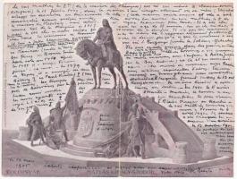 1905 Kolozsvár, Cluj; Mátyás király szobor. Fuhrmann Miklós kiadása, 2-részes kinyitható panorámalap / Monument of Matthias Corvinus. 2-tiled folding panoramacard s: Horti Pál (vágott / cut)