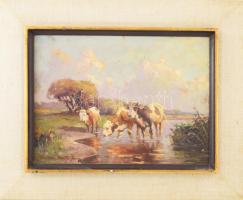 Rákosi Uitz János (1887-?): Tehenek. Olaj, karton, jelzett. Keretben, 30×40 cm