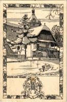 1917 Jindrichuv Hradec, Neuhaus i. Böhmen; Staré chalupy podzámkem / old cottages with castle, coat of arms (fa)