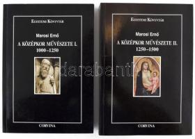 Marosi Ernő: A középkor művészete I.-II. köt. Egyetemi Könyvtár. Bp.,1996-1997, Corvina. 252+370 p. Fekete-fehér fotókkal illusztrált. Első kiadás. Kiadói papírkötés, I. kötet gerincén apró javított sérüléssel, jó állapotban.   Marosi Ernő (1940-2021) Széchenyi-díjas művészettörténész, egyetemi tanár, a MTA tagja, az MTA Művészettörténeti Intézetének igazgatója (1991-2000.)