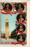 Venezia, Venice; Il Campanile di S. Marco, cominciato nel 888 sotto Pietro Tribuno, crollato nel 1902 - N. 4. Venezia ed i suoi 120 Dogi, Anni 887-942. / Italian doges. Art Nouveau, litho (EK)