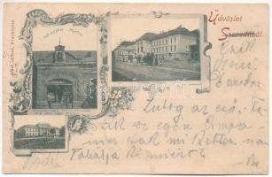 1899 (Vorläufer) Csíkszereda, Szereda, Mercurea Ciuc; Gyimesi vasútállomás, Megyeház, Györgyjakab Márton könyvnyomdája, könyvkereskedés üzlete és a "Csiki Lapok" kiadója. Adler Alfréd fényképész / Ghimes railway station, county hall, book and printing shop (r)