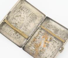 Antik ezüstözött cigarettatárca, vadászjelenetekkel, kopott, 10x8 cm