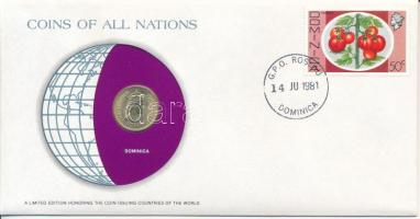 Dominika 1965. 5c "Nemzetek pénzérméi" felbélyegzett borítékban, bélyegzéssel T:AU Dominica 1965. 5 Cents "Coins of all Nations" in envelope with stamp and stamping C:AU