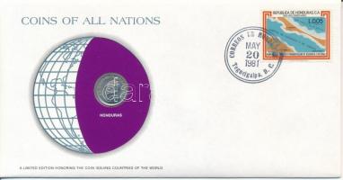 Honduras 1973. 20c "Nemzetek pénzérméi" felbélyegzett borítékban, bélyegzéssel T:AU Honduras 1973. 20 Centavos "Coins of all Nations" in envelope with stamp and stamping C:AU