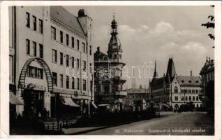 1940 Kolozsvár, Cluj; Szamos-hídkörnyéki részlet, Urania palota, filmszínház, mozi, Simon üzlete, automobil / bridge, street, palace, cinema, shops, automobile (EK) + "1940 Kolozsvár visszatért" So. Stpl