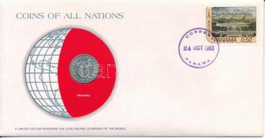 Panama 1975. 5c "Nemzetek pénzérméi" felbélyegzett borítékban, bélyegzéssel T:AU Panama 1975. 5 Centesimos "Coins of all Nations" in envelope with stamp and stamping C:AU