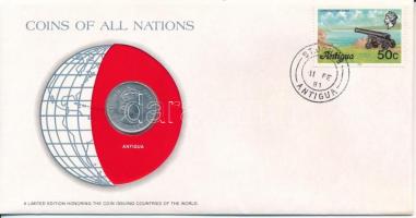 Antigua 1965. 25c "Nemzetek pénzérméi" felbélyegzett borítékban, bélyegzéssel T:AU Antigua 1965. 25 Cents "Coins of all Nations" in envelope with stamp and stamping C:AU