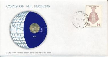 Peru 1980. 1S Nemzetek pénzérméi felbélyegzett borítékban, bélyegzéssel T:UNC,AU Peru 1980. 1 Sol Coins of all Nations in envelope with stamp and stamping C:UNC