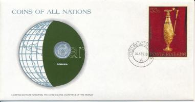 Románia 1975. 5b Nemzetek pénzérméi felbélyegzett borítékban, bélyegzéssel T:AU Romania 1975. 5 Bani Coins of all Nations in envelope with stamp and stamping C:AU