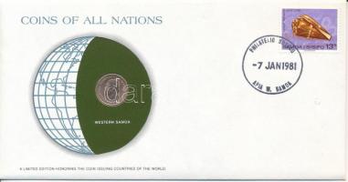 Nyugat-Szamoa 1974. 1s "Nemzetek pénzérméi" felbélyegzett borítékban, bélyegzéssel T:AU Western Samoa 1974. 1 Sene "Coins of all Nations" in envelope with stamp and cancellation C:AU