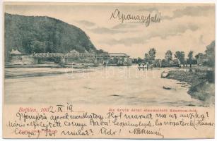 1902 Bethlen, Beclean; Az árvíz által elszakított Szamos híd. Kajári István kiadása / Somes bridge destroyed by the flood