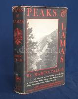 Pallis, Marco:  Peaks and Lamas. An Adventurous Account of Climbing in the Himalayas. A Profound and Revealing Study of Tibetan Buddhism. An Informed and Detailed Revelation of Tibetan Art and Life.  New York, 1949. Alfred A. Knopf (Printed by The Plimpton Press). XVII + [1] + 397 + [1] + XIII + [1] p. + 32 t. (kétoldalas).  Marco Pallis (1895-1989) brit-görög hegymászó, Tibet-kutató, orientalista. A kötetben a tibeti buddhizmus iránt élénken érdeklő hegymászó az 1933-1936 közötti, a Himalája déli előterében tett néprajzi és felfedezőútjairól számol be, a tibeti buddhizmus, kultúra, életmód számos részletével. A tibeti buddhizmus számos jeles tanítójával megismerkedő Marco Pallis ebben az időszakban ugyan délnyugat (Kasmír), illetve dékelet (Szikkim) felől is próbálkozott bejutni a tiltott országba, a szigorú értelemben vett Tibetbe csak később jutott el, ám beszámolója arról tanúskodik, hogy a tibeti buddhizmus kulturális hatása Tibeten kívül, a Himalája déli előterében is kétségtelen és hatalmas. A munka első kiadása 1939-ben jelent meg; példányunk az első New York-i átdolgozott kiadása. Oldalszámozáson belül három egész oldalas térképvázlattal.  Aranyozott, illusztrált, enyhén foltos kiadói egészvászon kötésben, színes, illusztrált, kissé sérült eredeti védőborítóban. Jó példány.