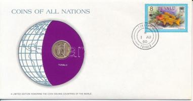 Tuvalu 1976. 1c Nemzetek pénzérméi felbélyegzett borítékban, bélyegzéssel T:AU Tuvalu 1976. 1 Cent Coins of all Nations in envelope with stamp and cancellation C:AU