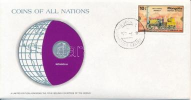 Mongólia 1970. 1m "Nemzetek pénzérméi" felbélyegzett borítékban, bélyegzéssel T:AU Mongólia 1970. 1 Mongo "Coins of all Nations" in envelope with stamp and cancellation C:AU