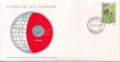 Botswana 1976. 1t Nemzetek pénzérméi felbélyegzett borítékban, bélyegzéssel T:AU Botswana 1976. 1 Thebe Coins of all Nations in envelope with stamp and cancellation C:AU