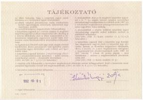 Budapest 1991. "Országos Kárrendezési és Kárpótlási Hivatal" kárpótlási jegye 1000Ft-ról, ...