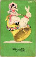 1914 Boldog húsvéti ünnepeket / Easter greeting art postcard, girl with rabbit and bell. B.K.W.I. 4638-4. s: Robert Philippi + "NAGY-VÁRAD - DEBRECZEN 422" vasúti mozgóposta bélyegző (EK)