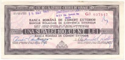 Románia 1983. "Banca Romana de Comert Exterior" utazási csekk 100L értékben, felülbélyegzésekkel, lyukasztással érvénytelenítve T:VF,F szakadás Romania 1983. "Banca Romana de Comert Exterior" travellers cheque about 100 Lei value with overprints, cancelled by holes C:VF,F tear