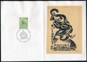 Sterbenz Károly (1901-1993): Ex libris doctoris Ladisla(..) Gombos) (Ex lbiris Gombos László terv). Tus, ceruza, papír, jelzett, halmozott grafika: bélyeg, alkalmi bélyegzés, rajz, 12×8 cm