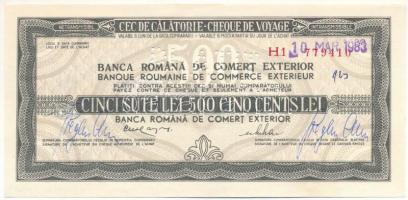 Románia 1983. "Banca Romana de Comert Exterior" utazási csekk 500L értékben, felülbélyegzésekkel, lyukasztással érvénytelenítve T:AU Romania 1983. "Banca Romana de Comert Exterior" travellers cheque about 500 Lei value with overprints, cancelled by holes C:AU