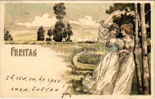1900 Freitag / Friday. Lady art postcard. Verlag v. M. Kimmelstiel & Co. Art Nouveau, litho s: H. Fründt + titkosírás / cryptography
