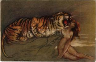 Fenevad ösztönök / Erotic nude lady art postcard with tiger. Uff. Rev. Stampa Milano 18-3. s: Zandrino (fl)