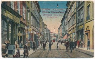 1925 Kraków, Krakau; Ul. Szewska / Rue des Cordonniers / street, pharmacy, shop of Steigbügel, tram. Leporello with 8 pictures (b)