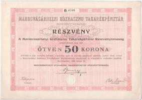 Marosvásárhely 1909. Marosvásárhelyi Közhasznú Takarékpénztár Részvénytársaság részvénye 50K-ról + 100K-ról, szárazpecséttel és részvényekkel + 1942. Marosvásárhelyi Leszámítolóbank Részvénytársaság 100db részvénye egyben, egyenként 20P-ről, szelvényekkel T:AU-XF